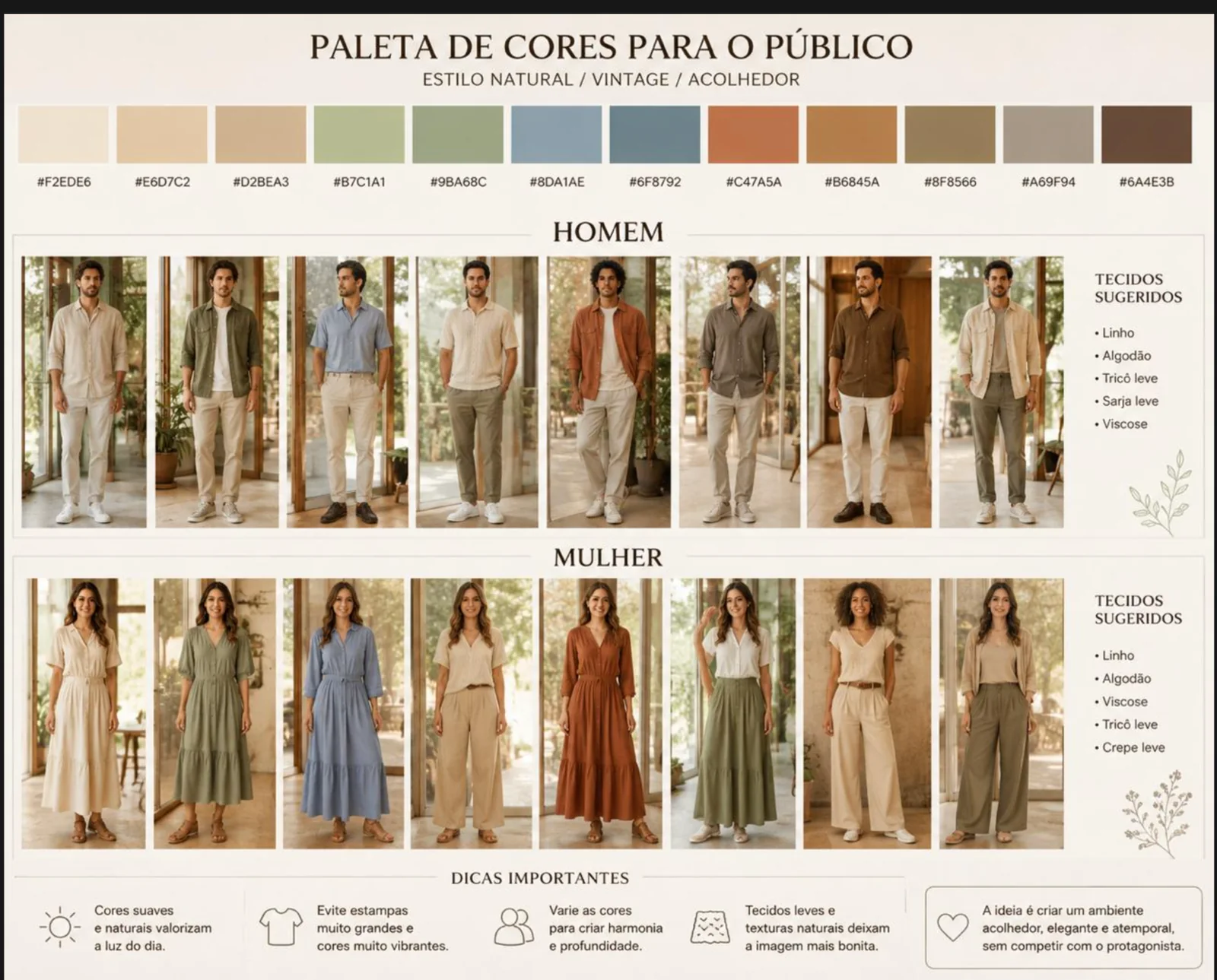 Guia visual de paleta de cores e trajes sugeridos para o público — estilo natural, vintage e acolhedor, com sugestões para homem e mulher